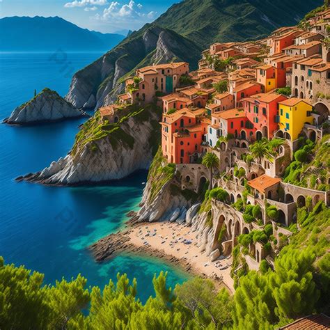 An Italian Coastal Village Nestled Among Green Hills With Colorful ...