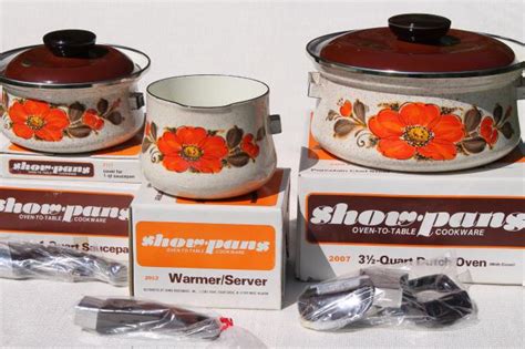 70s Vintage Enameled Steel Cookware Show Pans W Retro Orange Flowers