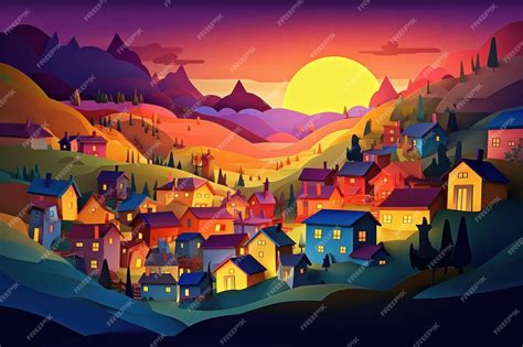 Premium AI Image | A colorful illustration of a town at sunset.