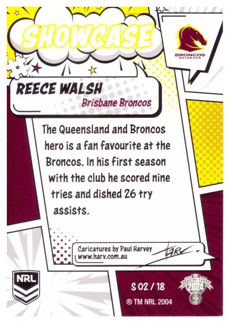 2024 Brisbane Broncos NRL TLA Traders Showcase Caricatures Card Reece