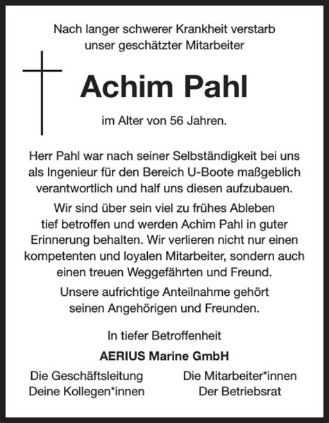 Traueranzeigen Von Achim Pahl Sh Z Trauer