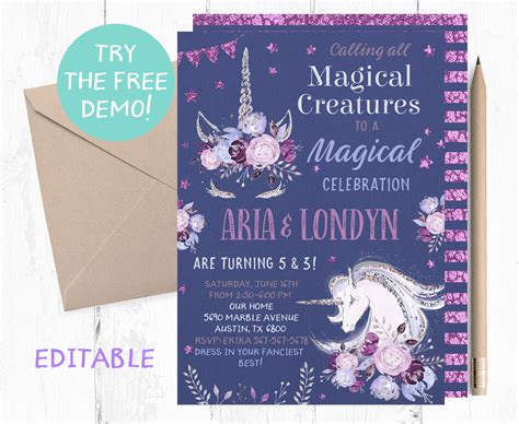 Joint Unicorn Birthday Party Invitation Sibling Unicorn Invitations