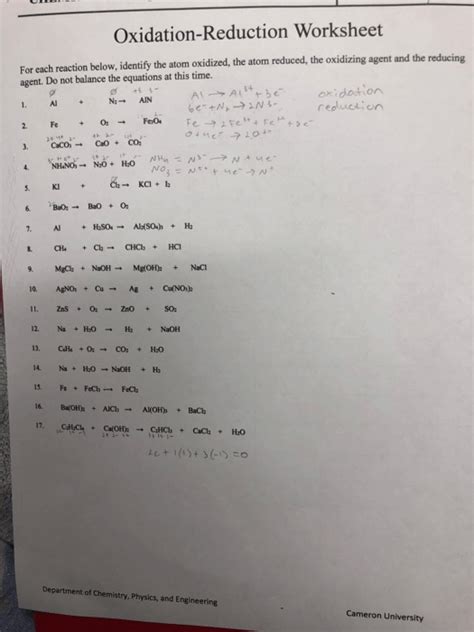 Identifying Redox Reactions Worksheet Redox Reaction Worksheet