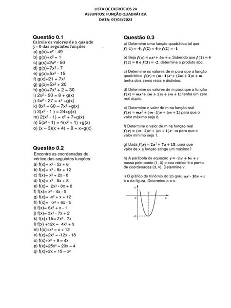 Lista De Exercícios Função Quadrática 3 Pdf Sistema De Coordenada