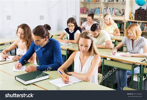 Group Beautiful Students Studying Classroom Interior Stock Photo ...