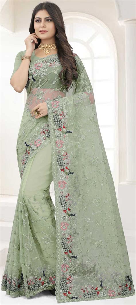 Mehendi Sangeet Reception Green Color Net Fabric Saree 1823294