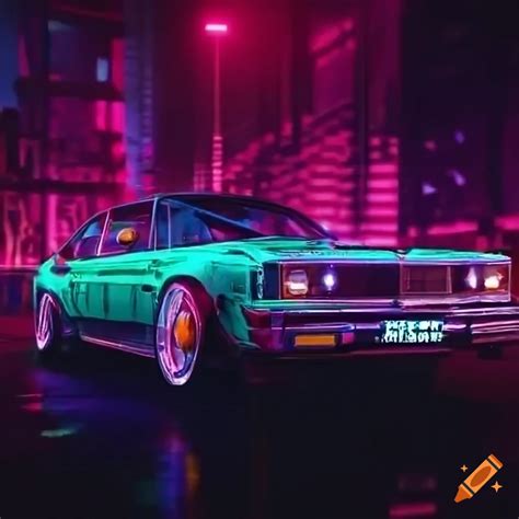 Neon Lit Retro Sports Car In A Cyberpunk Setting On Craiyon