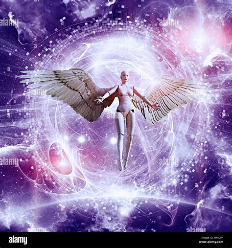 Woman robot with angel wings flying in purple sky Stock Photo - Alamy