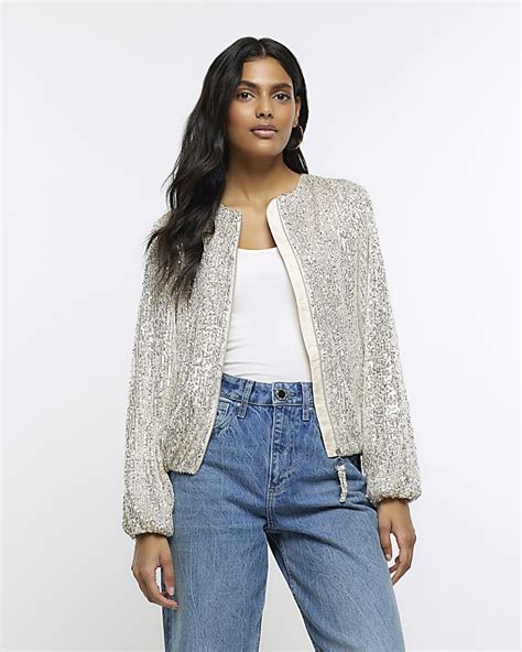 Silver Sequin Zip Up Bomber Jacket River Island