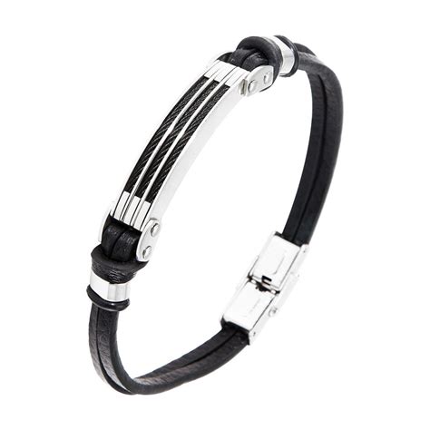 Bracelet Homme Cuir Noir Acier Et Caoutchouc 10x21cm Ref 47359