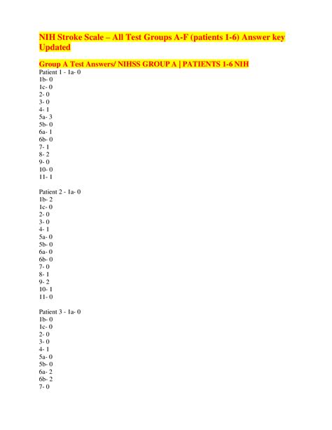 Nih Stroke Scale All Test Groups A F Patients Answer Key