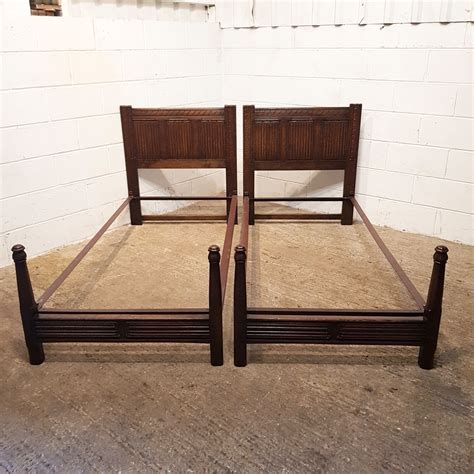 Antique Pair Edwardian Carved Oak Linenfold Single Beds C