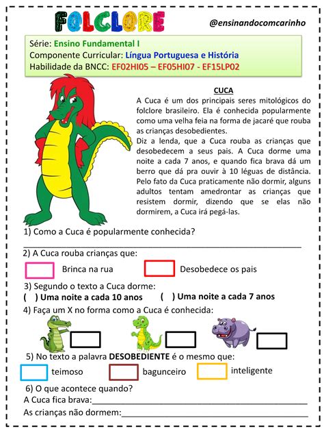 Exercício interpretação de texto da cuca de acordo a BNCC