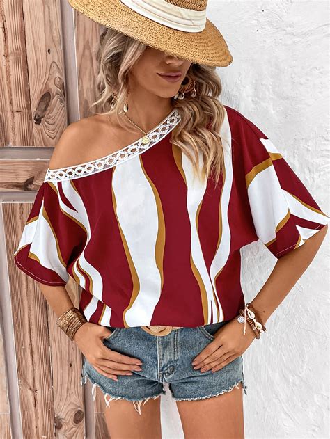 Shein Vcay Blusa De Color Combinado Con Encaje En Contraste De Cuello