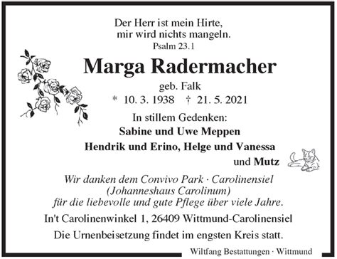 Traueranzeigen Von Marga Radermacher Nordwest Trauer De