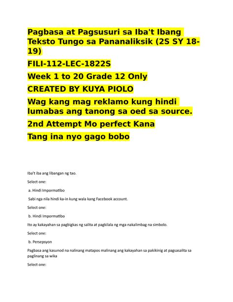 Pagbasa At Pagsusuri Sa Ibat Ibang Tekst Pagbasa At Pagsusuri Sa Iba