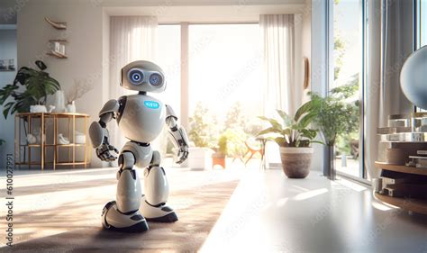 Domestic robot home assistant with a friendly appearance in the living room of a house doing ...