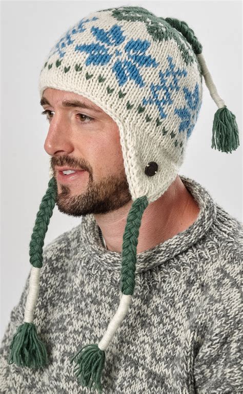 Hand Knit Half Fleece Lined Snowflake Tassel Ear Flap Hat Whit