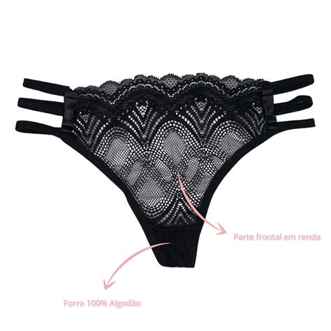 Tanga Fio Dental Renda Strappy e Laços Intima Delas Galé Lingerie Calcinhas sutiãs cuecas