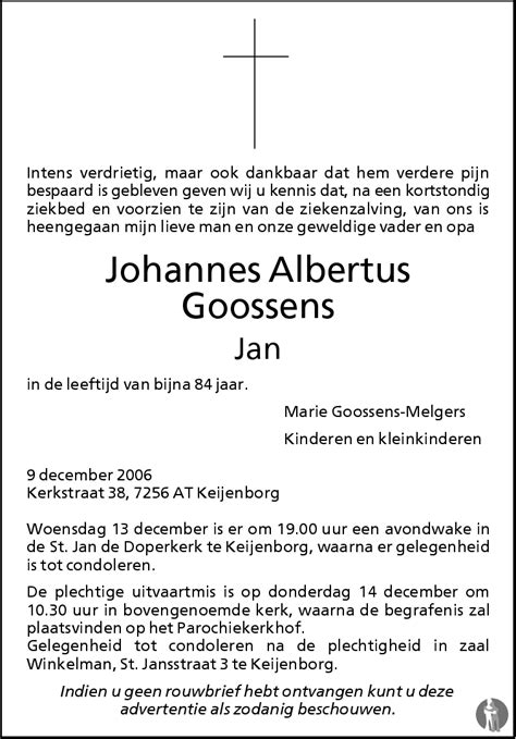 Johannes Albertus Jan Goossens 09 12 2006 Overlijdensbericht En