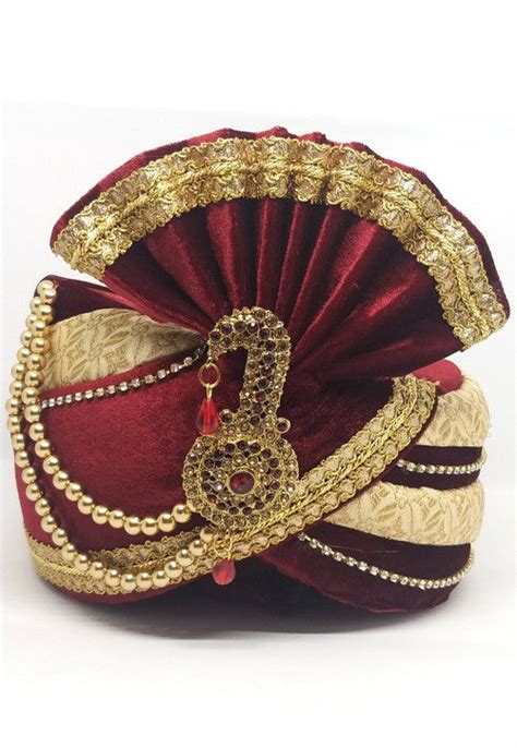 Buy Embellished Velvet Turban In Maroon And Beige Online Mgm