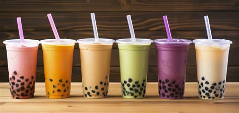 AI generated Plastic cups of different tasty bubble tea on wooden background. Generative AI ...