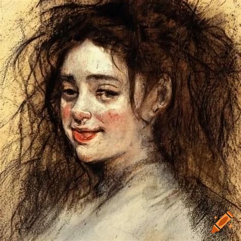 Charcoal Drawing Of A Smiling Woman With Messy Hair On Craiyon