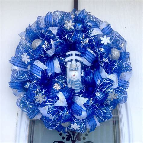 22 Blue White Deco Mesh Snowman And Snowflakes Winter Wreath Wreath Ideas Diy Wreath Winter