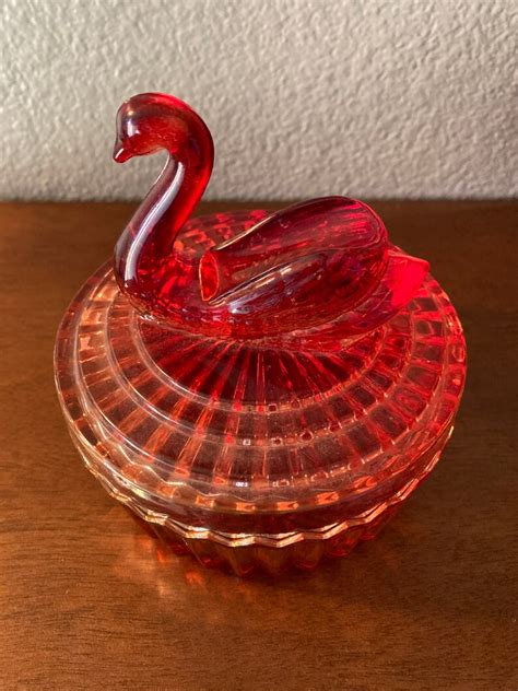 Vintage Amberina Glass Gorgeous Swan Candy Dish With Lid Red Etsy