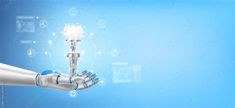 Tooth Dental Implant Float Away From In Robot Hand Futuristic Medical