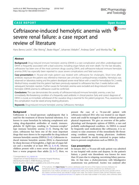 Pdf Ceftriaxone Induced Hemolytic Anemia With Severe Renal Failure A