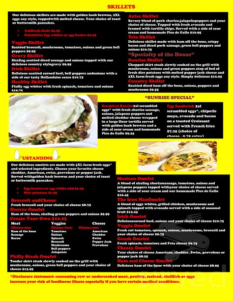 Sunrise Breakfast And Lunch Restaurant Menu In Chicago Illinois Usa