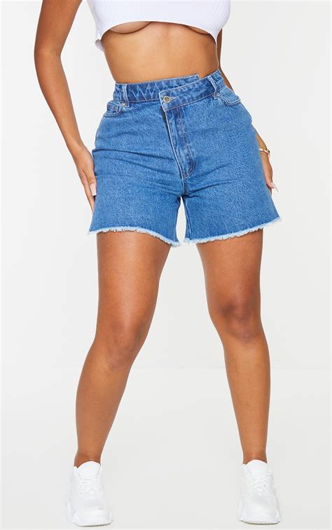 Prettylittlething Shape Mid Blue Wash Asymmetric Waist Fray Hem Denim Shorts Prettylittlething