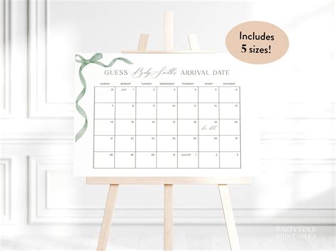 Editable Sage Green Bow Guess The Due Date Calendar Template Sage