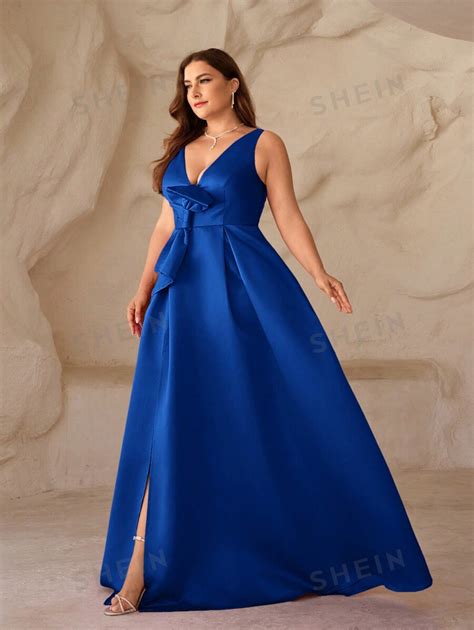 Shein Belle Plus Size Deep V Neck High Slit Asymmetrical Bow Tie Formal