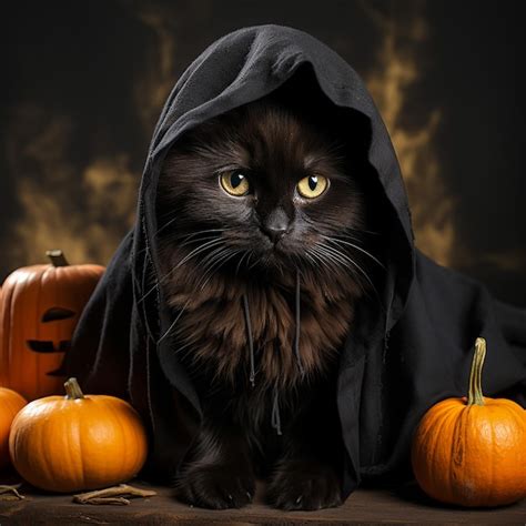 Cute Black Cat In A Witch Hat Sitting On A Halloween Pumpkin Premium