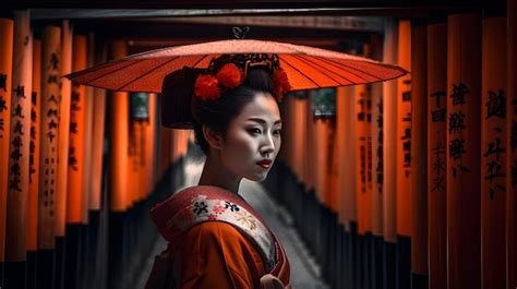 Una Geisha Se Para Frente A Una Puerta Torii Foto Premium