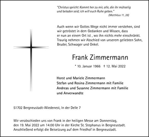 Traueranzeigen Von Frank Zimmermann WirTrauern