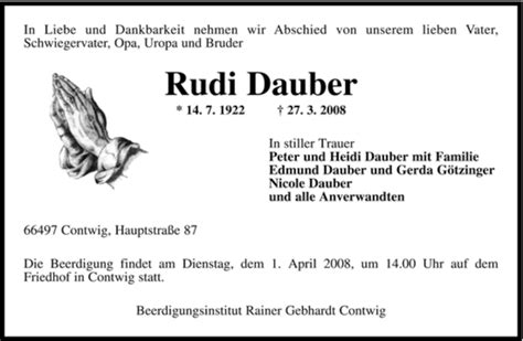 Traueranzeigen Von Rudi Dauber Saarbruecker Zeitung Trauer De