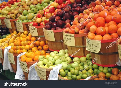 Fresh Fruit On Display At A Farmers Market Stock Photo 81537577