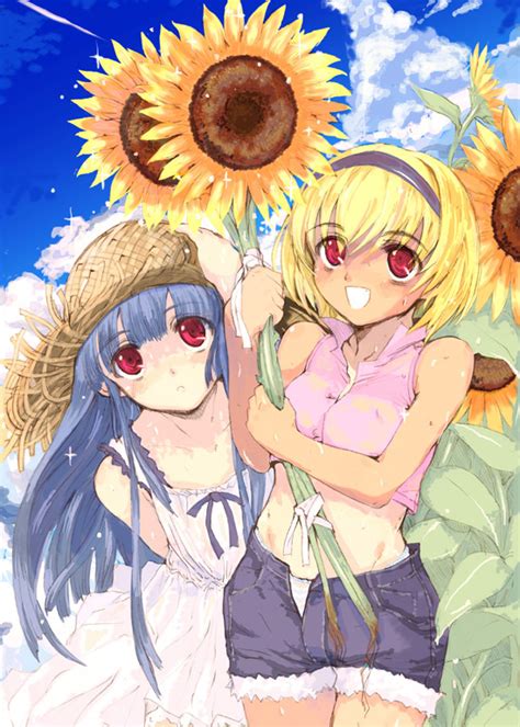 Safebooru 2girls D O Bare Arms Blonde Hair Blue Hair Dress Flower Furude Rika Hairband Hat