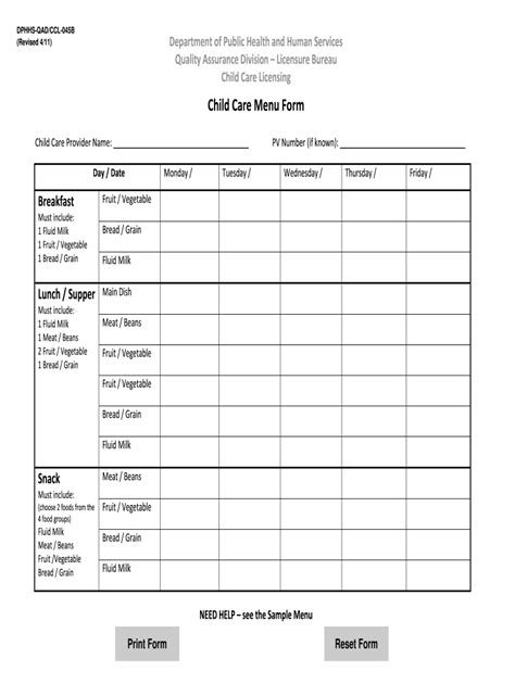 Free Printable Daycare Menus Printable Templates