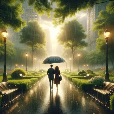 Couple Walking Evening Stroll Raining Pouring Umbrella Lush Green Park