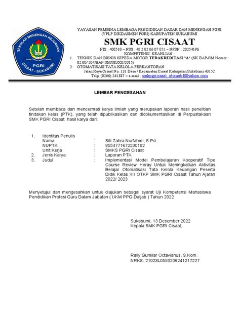 Lembar Pengesahan Dan Surat Keterangan Publikasi Ptk Pdf