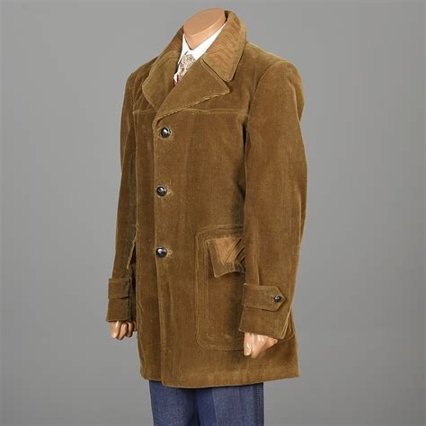 42 Medium Mens Vintage 70s 1970s Corduroy Car Coat Suede Collar Pockets