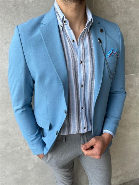 Sky Blue Slim Fit Linen Blazer Jacket For Men GentWith