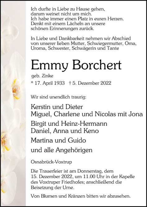 Traueranzeigen Von Emmy Borchert Noz Trauerportal