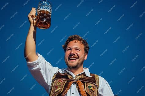 Premium Photo A Man Holding A Glass Of Beer Up In The Air