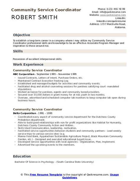 Community Service Coordinator Resume Samples Qwikresume