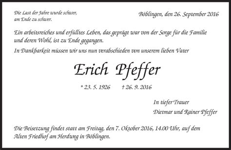 Traueranzeigen von Erich Pfeffer Kreiszeitung Böblinger Bote